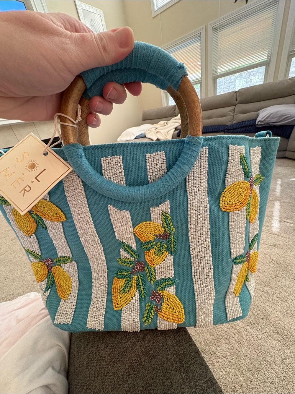 Sol and Mer Teal Lemon Beaded Stripe Tote with Wood Ring Handles